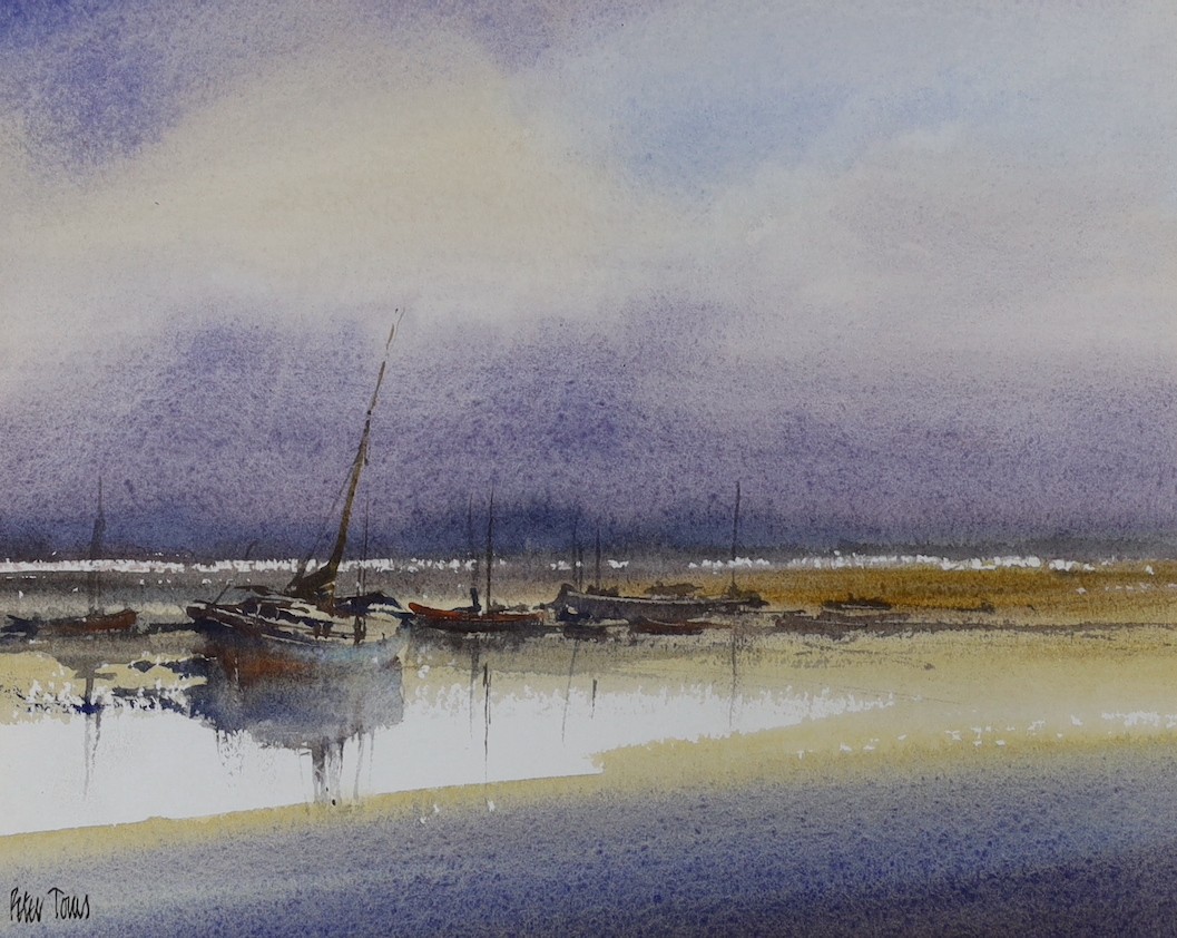 Peter Toms (b.1940), three watercolours, 'Evening II', 'Working Sail' and 'Alongside', all signed, largest 21 x 27cm